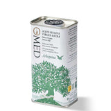 A mini 250ml tin of O-Med Extra Virgin Olive Oil made from Arbequina olives with a green illustration of an olive tree 