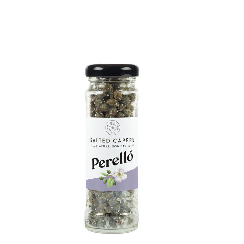 A 75g jar of Perello Salted Capers (non pareilles) on a white background.