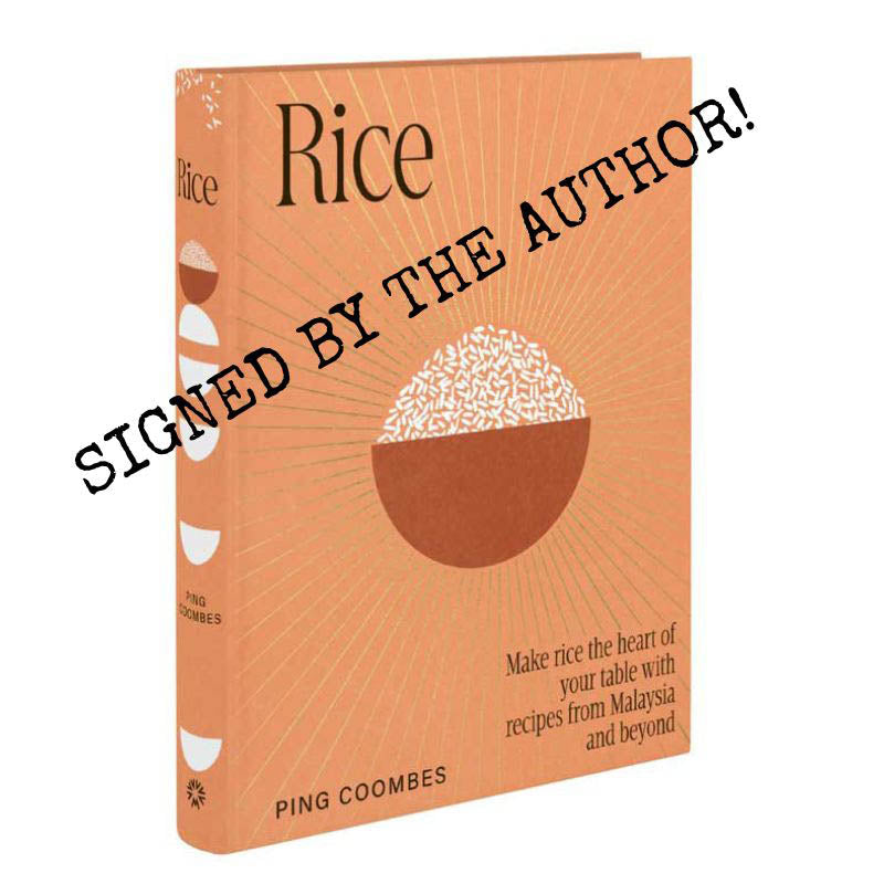 A picture of the cook book called Rice by Masterchef winner Ping Coombes with a cover illustration of a bowl of rice signed copy.