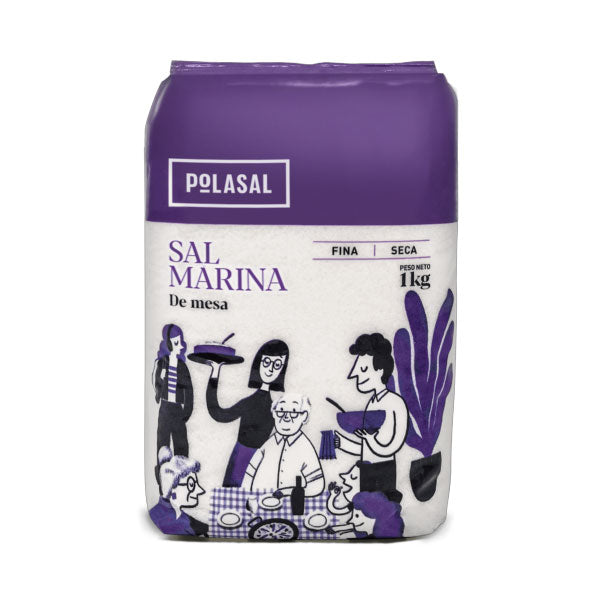 A 1kg bag of Polasal Fine Sea Salt from Spain on a white background
