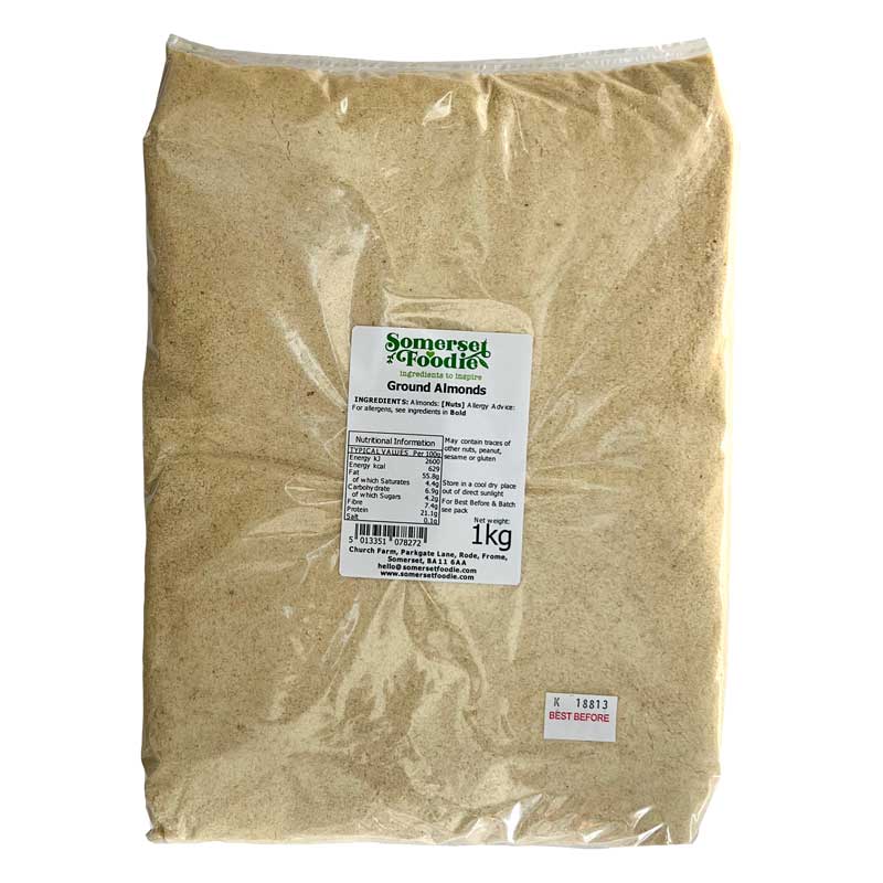 A Somerset Foodie bag of ground almonds with a label on a white background
