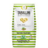 A 230g bag of Terre di Puglia Fennel Seed Tarallini, featuring a white bag with green horizontal stripes and an illustration of fennel seeds.