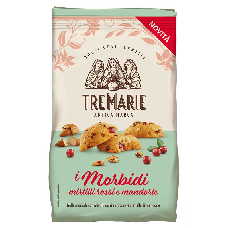 A package of Tre Marie 'i Morbidi' dried cranberry and almond cookies. The packaging features a cream top half with pink floral accents and brown brand lettering, and a mint green bottom half showing illustrations of the golden-brown cookies with dried cranberries and almond slices.