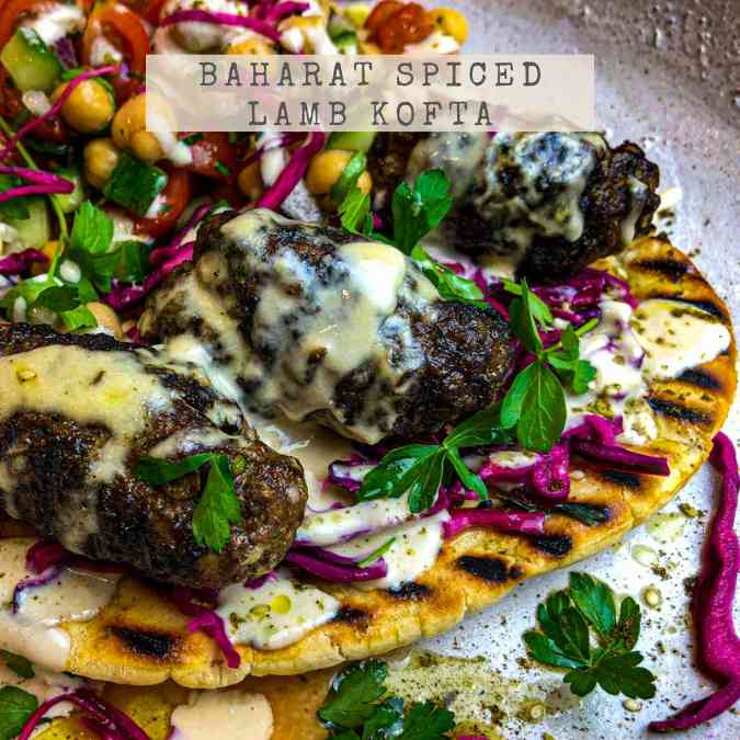 Recipe for Baharat Spiced Lamb Koftas with tahini dressing pickled red cabbage